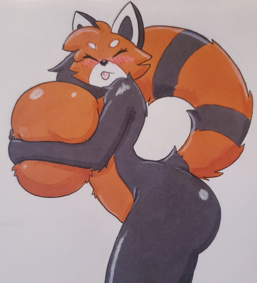 ailurid anthro astro_(alicedapanda) big_breasts breast_squish breasts female fluffy fluffy_tail hi_res jumneyarts mammal red_panda solo squish tail tongue tongue_out