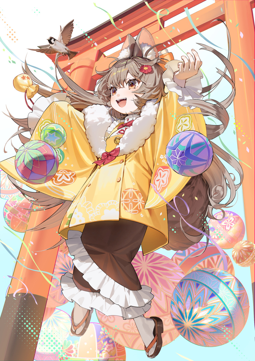 1girl :d animal animal_ear_fluff animal_ears ball bird brown_eyes brown_footwear brown_hair brown_kimono commentary_request frilled_kimono frills hair_between_eyes hands_up highres japanese_clothes kimono kitada_mo long_hair long_sleeves original smile socks solo tabi tail temari_ball torii very_long_hair white_socks zouri