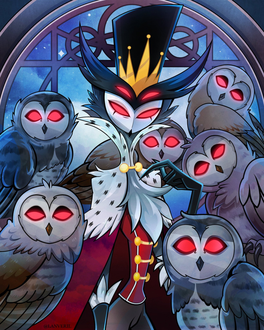 anthro avian bird cape clothing detailed_background formal_clothing formal_wear fur grey_body grey_fur grey_hair group hair hat headgear headwear helluva_boss hi_res lanveril looking_at_viewer male neutral_expression owl owl_demon red_eyes short_hair standing stolas_(helluva_boss) top_hat white_face window wings