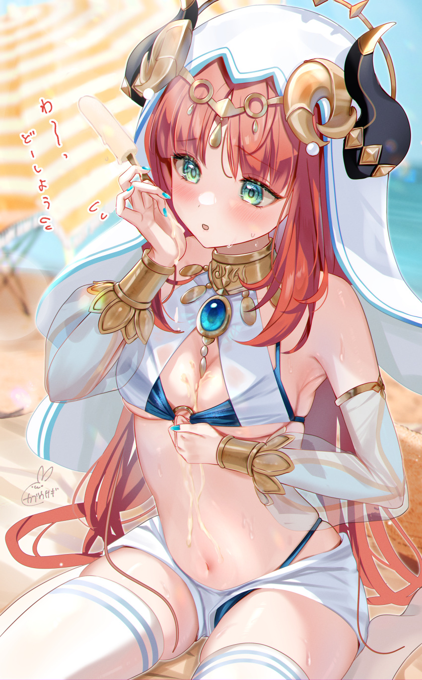 1girl absurdres beach blush breasts brooch circlet detached_sleeves dripping fake_horns food genshin_impact harem_outfit highres holding holding_food horns jewelry kabu_usagi large_breasts long_hair long_sleeves melting nail_polish navel neck_ring nilou_(genshin_impact) outdoors popsicle red_hair sitting skirt solo stomach swimsuit thighhighs twintails veil wariza