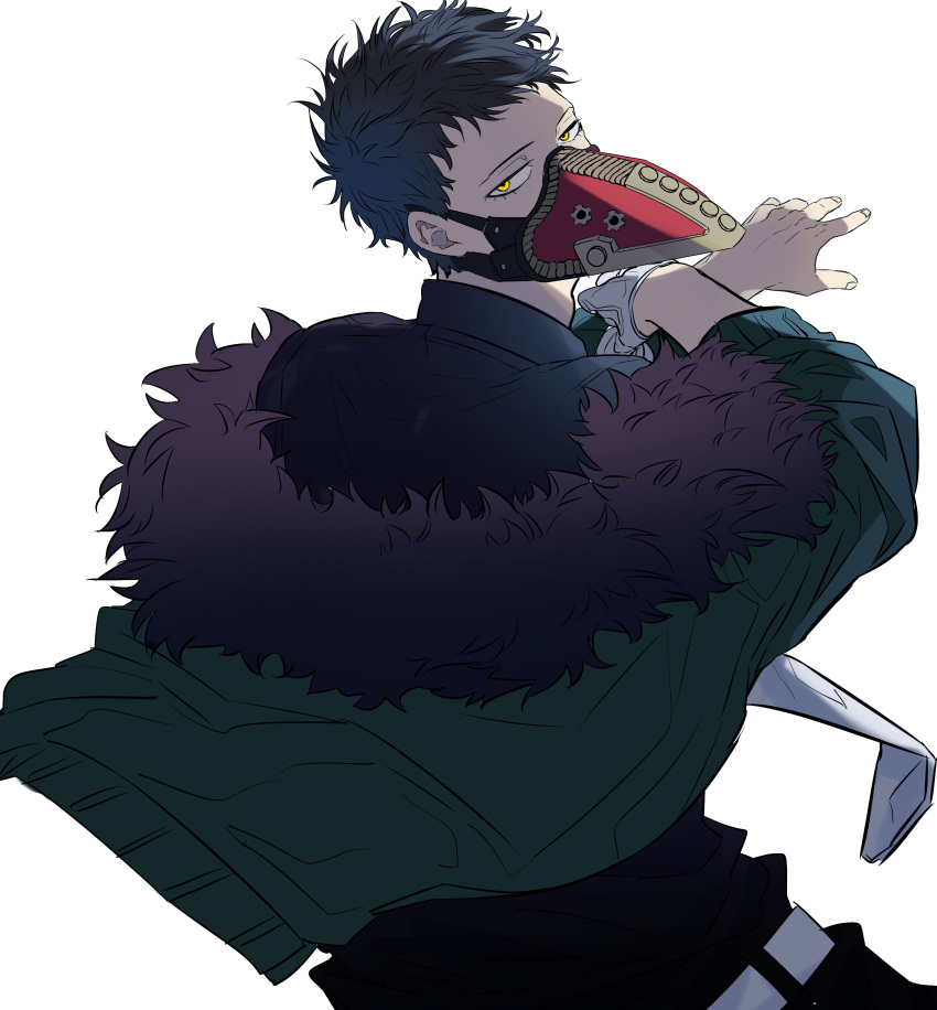 1boy absurdres belt black_hair black_shirt boku_no_hero_academia chacoma collared_shirt feather-trimmed_jacket feathers from_behind gloves green_jacket highres jacket looking_at_viewer looking_back male_focus mask mouth_mask necktie overhaul_(boku_no_hero_academia) plague_doctor_mask purple_feathers shirt short_hair single_glove solo very_short_hair white_belt white_gloves white_necktie yellow_eyes