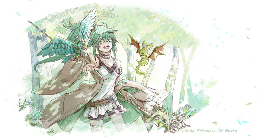 1girl animal_on_arm bare_shoulders bird bird_on_arm choker collarbone duel_monster green_eyes green_hair gusto_gulldo holding holding_staff long_hair open_clothes open_mouth open_robe ponytail robe short_shorts shorts staff tamago_(xyxk3743) wide_sleeves winda_(yu-gi-oh!) winda_priestess_of_gusto yu-gi-oh!