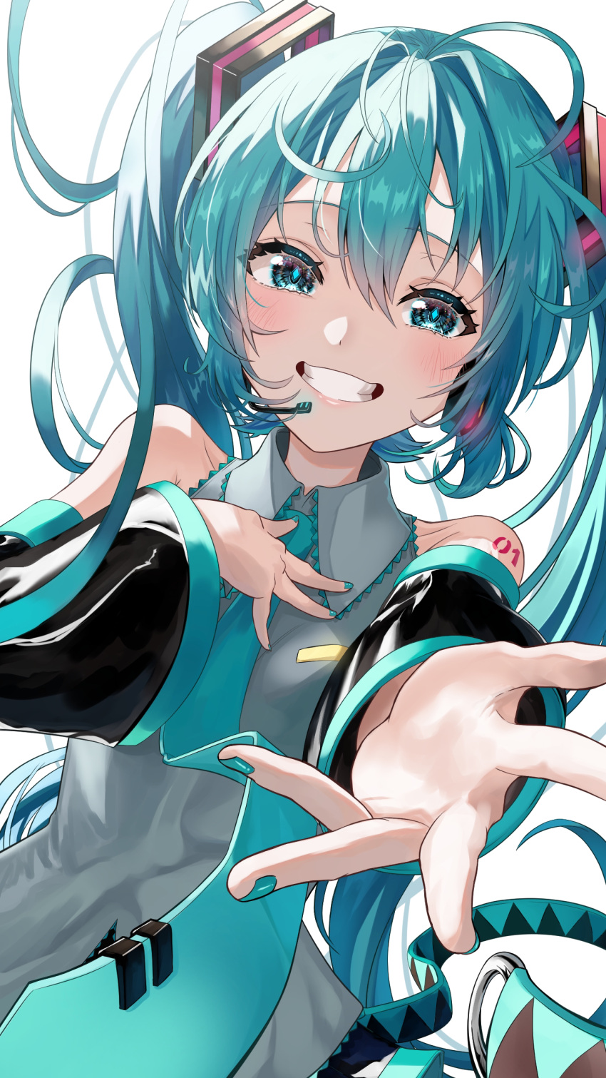 1girl absurdres aqua_eyes aqua_hair aqua_nails aqua_necktie arm_tattoo bare_shoulders black_sleeves collared_shirt detached_sleeves diamond-shaped_pupils diamond_(shape) fingernails grey_shirt grin hair_ornament hand_on_own_chest hatsune_miku headset highres long_hair looking_at_viewer microphone nail_polish necktie number_tattoo outstretched_arm reaching_towards_viewer shirt simple_background sleeveless sleeveless_shirt smile symbol-shaped_pupils tattoo tatyaoekaki teeth tie_clip twintails upper_body very_long_hair vocaloid white_background