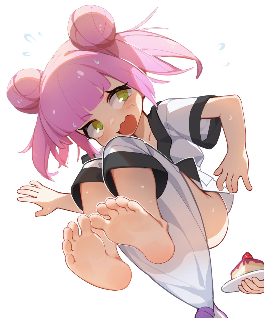 1girl 1other barefoot blunt_bangs blush cake cake_slice chinese_commentary commentary_request double_bun embarrassed eyelashes feet food fruit full_body green_eyes hair_bun highres holding knees_up looking_to_the_side open_mouth original out_of_frame pants partially_undressed pink_hair pushu_0w0 see-through_pants short_sleeves sidelocks simple_background soles strawberry toes white_background white_pants
