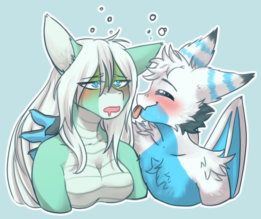 2019 4_fingers absurd_res anthro black_body black_fur blue_background blue_body blue_eyes blue_fur blush bodily_fluids breasts bubble cheek_tuft chest_tuft claws dragon drooling drunk drunk_bubble duo eyes_closed facial_tuft female fingers fur furred_dragon green_body hair half-length_portrait head_tuft hi_res inner_ear_fluff long_hair male murzikteijiro portrait saliva simple_background substance_intoxication teal_body teal_scales tongue tongue_out tuft white_body white_fur white_hair wings yagu_(dragon)