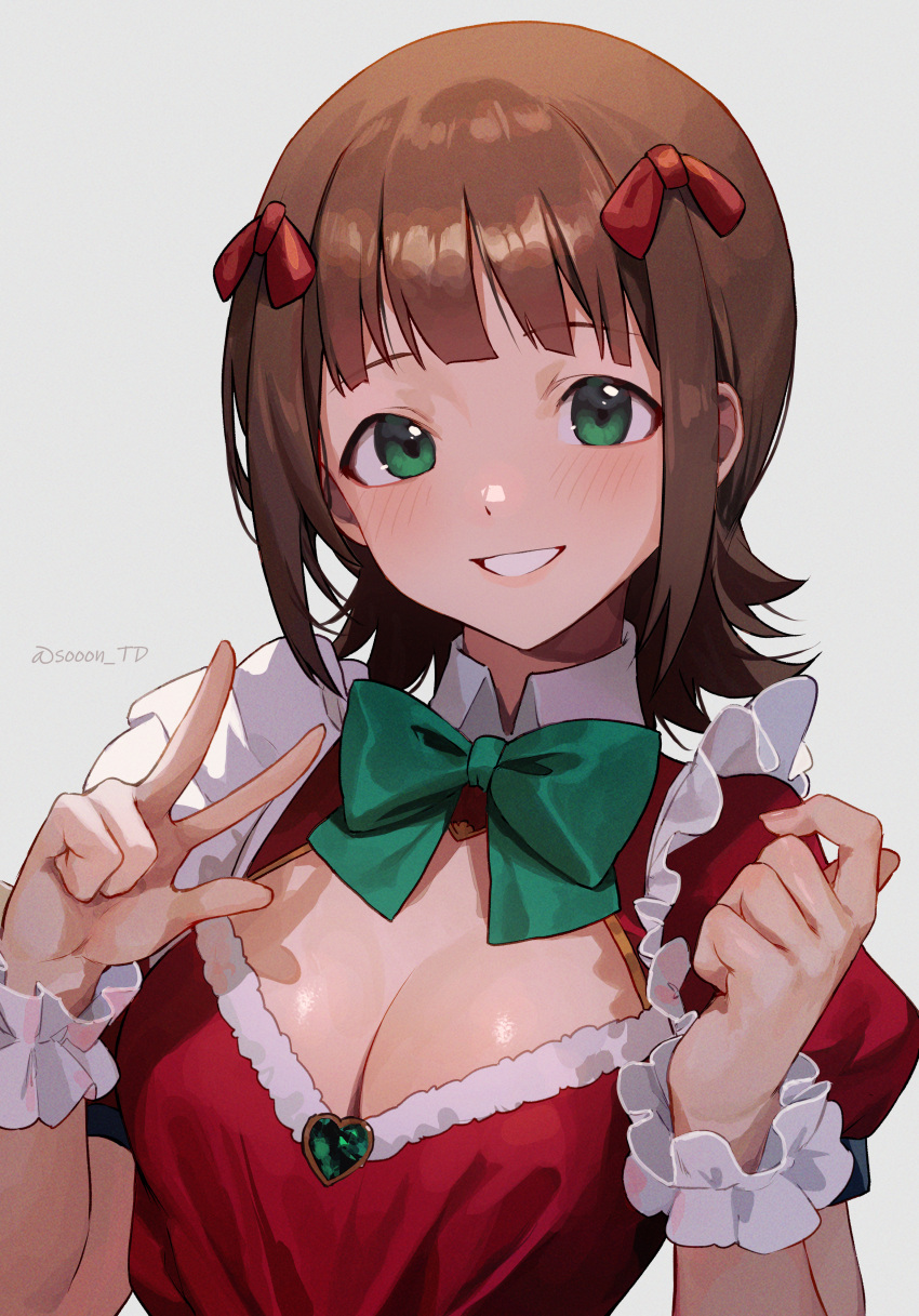 1girl absurdres amami_haruka blunt_bangs blush bow bowtie breasts brown_hair cleavage cleavage_cutout clothing_cutout collared_shirt commentary_request commission fingernails frilled_shirt frills fur-trimmed_shirt fur_trim gem green_bow green_bowtie green_eyes green_gemstone grey_background grin hair_bow hands_up heart heart-shaped_gem highres idolmaster idolmaster_(classic) large_breasts looking_at_viewer parted_lips pixiv_commission red_bow red_shirt shirt short_hair simple_background smile solo sooon twitter_username upper_body w wrist_cuffs