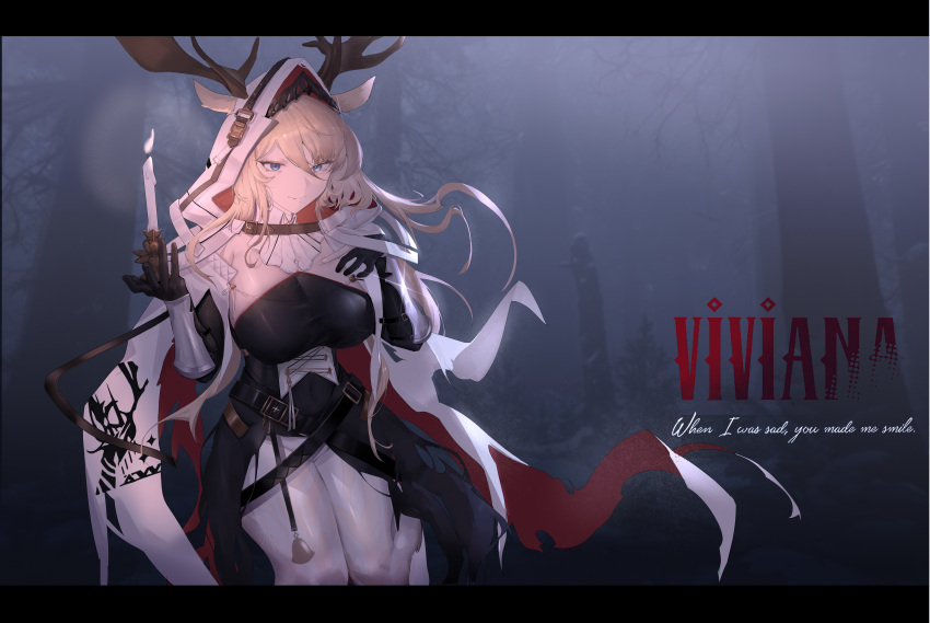 1girl absurdres animal_ears antlers arknights black_dress black_gloves blonde_hair blue_eyes breasts candle cape character_name cowboy_shot deer_antlers deer_ears deer_girl dress english_text fog forest gloves hair_between_eyes hand_on_own_chest highres holding holding_candle hood hood_up hooded_cape large_breasts letterboxed long_hair looking_at_viewer nature night pantyhose partially_fingerless_gloves solo toweek_(wwz-0v0) viviana_(arknights) white_cape white_pantyhose