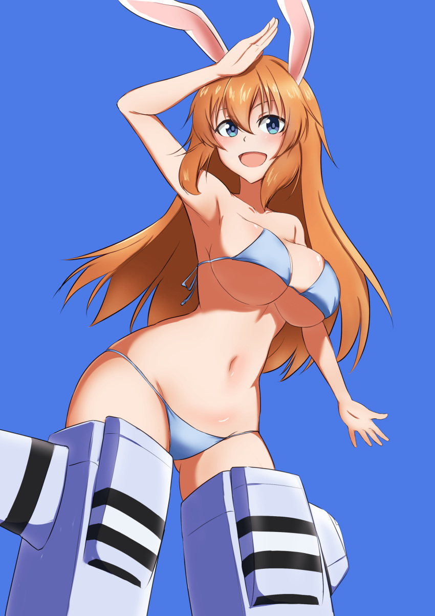 1girl absurdres animal_ears bikini blue_background blue_eyes blush breasts charlotte_e._yeager cleavage highres large_breasts long_hair looking_at_viewer navel open_mouth orange_hair rabbit_ears simple_background smile solo strike_witches striker_unit swimsuit t-8000 white_bikini world_witches_series