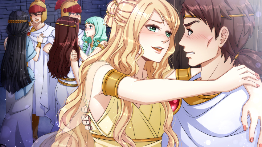 3boys 4girls absurdres arms_around_neck black_hair blonde_hair blush breasts brown_eyes brown_hair commentary commission cowboy_shot dress drill_hair drill_sidelocks english_commentary greek_mythology green_eyes green_hair helmet hetero highres laurel_crown lisistrata_(visual_novel) long_hair looking_at_another medium_breasts multiple_boys multiple_girls nose_blush open_mouth riabels shirt short_hair sidelocks smile teeth toga upper_body upper_teeth_only wavy_hair white_shirt yellow_dress