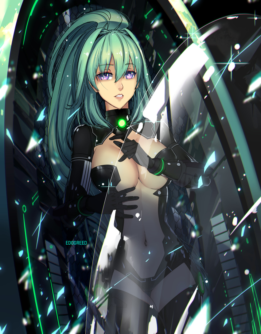 1girl absurdres artist_name black_gloves breasts choujigen_game_neptune double-parted_bangs eadgear elbow_gloves gloves green_hair green_heart_(neptunia) hair_between_eyes highres large_breasts long_hair navel neptune_(series) ponytail purple_eyes solo thighhighs thighs transparent vert_(neptunia) very_long_hair