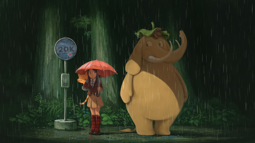 1girl absurdres arm_behind_back breasts brown_skirt cat commentary david_revoy elephant english_commentary highres holding holding_umbrella jacket kneehighs mastodon_(microblog) medium_breasts milestone_celebration miniskirt original parody plant rain red_jacket road_sign sign skirt socks tonari_no_totoro tree tusks umbrella