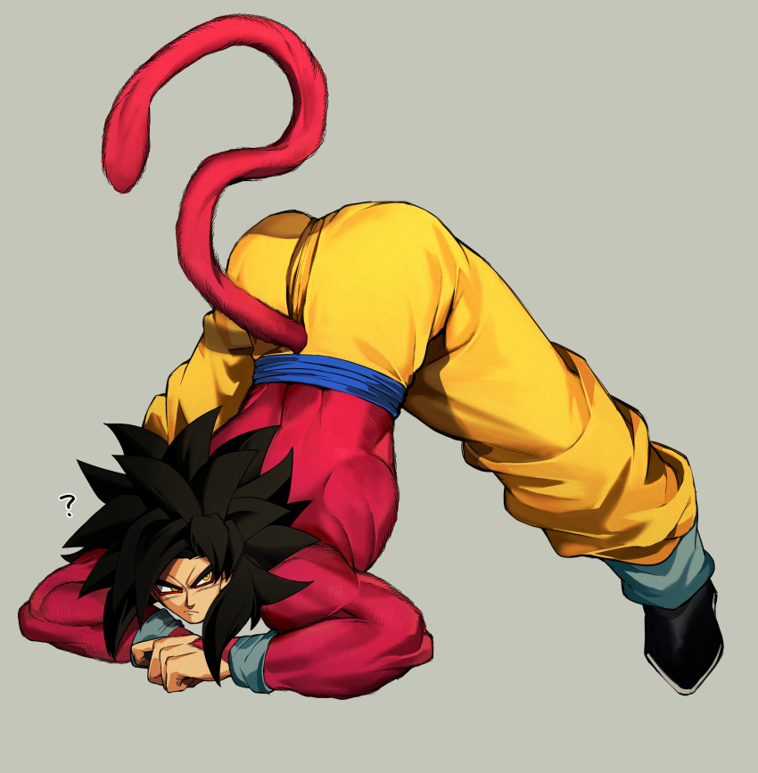 1boy absurdres arched_back arm_rest biceps black_hair blue_sash blue_wristband body_fur dragon_ball dragon_ball_gt flexible full_body gigatan_d hands_on_ground highres jack-o'_challenge legs_apart long_hair looking_at_viewer male_focus meme monkey_boy monkey_tail muscular muscular_male no_nipples pants pectorals red_fur saiyan sash simple_background solo son_goku spiked_hair spread_legs stretching super_saiyan super_saiyan_4 tail top-down_bottom-up wide_spread_legs yellow_eyes yellow_pants