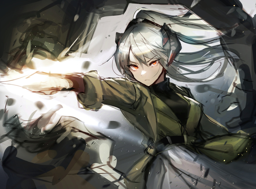 1girl 1other arknights belt black_belt black_sweater chuhaibane closed_mouth coat fighting_stance green_coat green_vest highres horns long_hair long_sleeves punching saria_(arknights) skirt sweater turtleneck turtleneck_sweater very_long_hair vest white_hair white_skirt