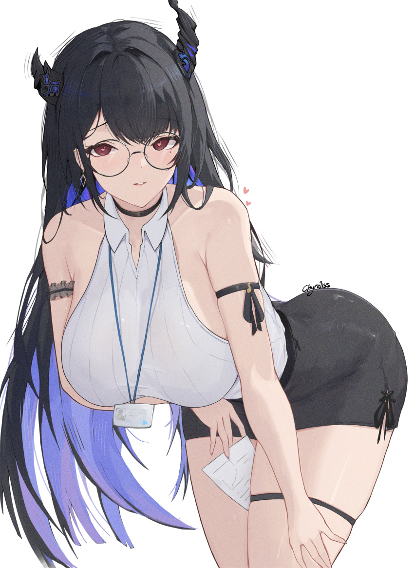 1girl absurdres arm_under_breasts asymmetrical_horns bent_over bespectacled black_choker black_skirt breasts choker chyraliss demon_horns glasses heart heart-shaped_pupils highres hololive hololive_english horns id_card lanyard large_breasts nerissa_ravencroft office_lady parted_lips pencil_skirt red_eyes simple_background skirt solo symbol-shaped_pupils thigh_strap thighs virtual_youtuber white_background