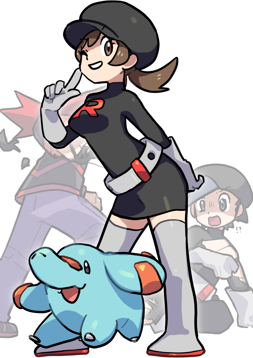 1girl 2boys absurdres belt black_hair black_headwear boots breasts brown_eyes ethan_(pokemon) full_body gloves highres lying lyra_(pokemon) multiple_boys phanpy pokefia pokemon pokemon_(creature) pokemon_(game) pokemon_hgss red_hair silver_(pokemon) smile team_rocket team_rocket_uniform tearing_clothes torn_clothes twintails white_background