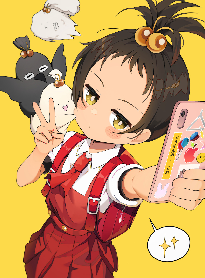 1girl absurdres animal ascot backpack bag bag_charm bird black_hair blush_stickers bright_pupils cellphone charm_(object) child collared_shirt dog dress floating forehead gro_(lee145879) hair_bobbles hair_ornament highres jitome kaai_yuki neoki_yashi_no_ki_(vocaloid) phone pinafore_dress pleated_dress puffy_short_sleeves puffy_sleeves randoseru red_ascot red_bag red_dress shirt short_sleeves sleeveless sleeveless_dress smartphone sparkle speech_bubble topknot v vocaloid white_shirt yellow_background yellow_eyes