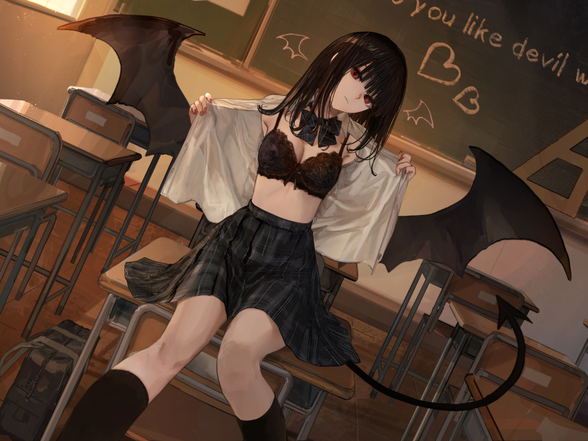 1girl absurdres bag black_bra black_hair black_socks black_tail black_wings blue_bow blue_bowtie blue_skirt bow bowtie bra breasts chair chalkboard classroom closed_mouth commentary_request demon_tail demon_wings desk english_text feet_out_of_frame fingernails hashimoto_kokai head_tilt heart highres indoors kneehighs lace-trimmed_bra lace_trim large_breasts long_hair looking_at_viewer nail_polish on_desk open_clothes open_shirt opened_by_self original plaid plaid_bow plaid_bowtie plaid_skirt pleated_skirt red_eyes red_nails school_bag school_chair school_desk school_uniform shirt sitting sitting_on_desk skirt socks solo tail underwear white_shirt wings