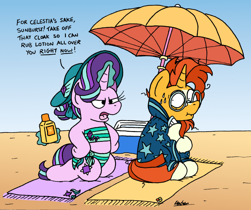 beach bikini bobthedalek bottle clothing container cooler cutie_mark equid equine eyewear facial_hair female friendship_is_magic glasses hair hasbro hi_res horn leg_markings levitation male mammal markings my_little_pony orange_hair parasol purple_hair seaside socks_(marking) starlight_glimmer_(mlp) sunburst_(mlp) sunscreen swimwear towel unicorn