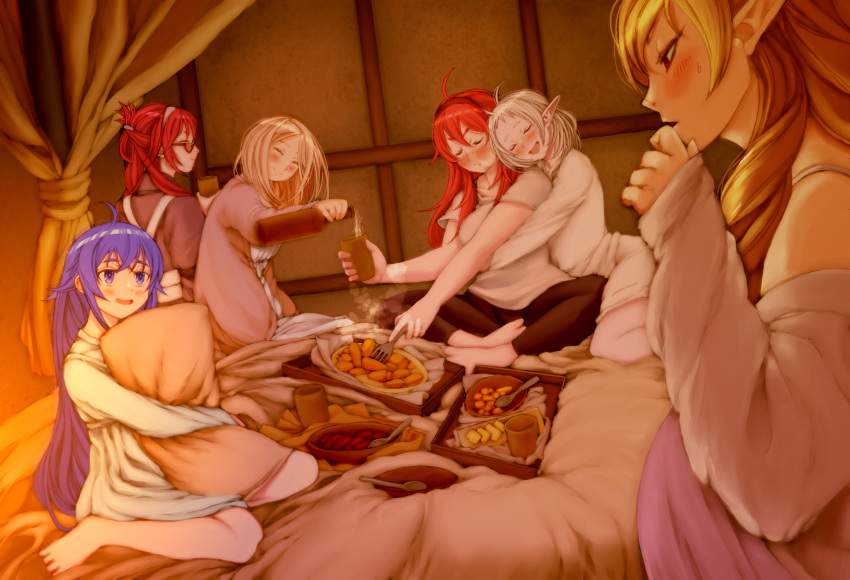 6+girls ahoge bed blonde_hair blue_eyes blue_hair blush closed_eyes drill_hair drunk eating elf elinalise_dragonroad english_commentary eris_greyrat food_request glasses half-closed_eyes hand_to_own_mouth highres hug hug_from_behind indian_style kiyo_(a_sam_ko) lillia_greyrat long_hair multiple_girls mushoku_tensei object_hug pillow pillow_hug pointy_ears pouring pregnant red_hair roxy_migurdia sitting smile sylphiette_(mushoku_tensei) wariza yuri zenith_greyrat