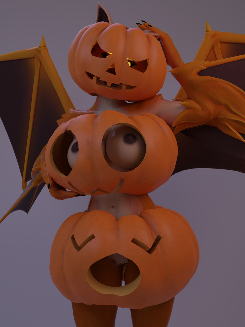 absurd_res anthro bat belly blender_(software) breasts brown_nipples brown_wings clothing exposed_breasts female food fruit fur genitals glowing glowing_eyes halloween halloween_2023 halloween_costume halloween_theme hand_on_head hand_on_headwear headgear headwear hi_res holidays jack-o'-lantern mammal membrane_(anatomy) membranous_wings navel nipples occamsrazorart open_mouth open_smile orange_body orange_fur orange_wings owo petruz_(copyright) plant pumpkin pumpkin_belly pumpkin_breasts pumpkin_butt pumpkin_head pussy simple_background smile solo solo_focus winged_arms wings yellow_eyes