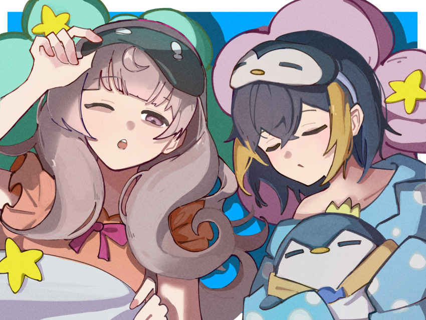 2girls ahoge bags_under_eyes black_hair blonde_hair blue_pajamas grey_hair highres long_hair multicolored_hair multiple_girls nijisanji nijisanji_en one_eye_closed open_mouth pajamas pentomo_(petra_gurin) petra_gurin pillow reimu_endou short_hair sleep_mask sleeping streaked_hair stuffed_animal stuffed_penguin stuffed_toy virtual_youtuber wusuki_(wuqin_wusuki)