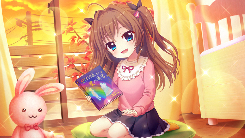 1girl :3 aged_down ahoge black_bow black_skirt blue_eyes book bow bowtie brown_hair child cloud curtains cushion dot_nose dutch_angle evening fang film_grain game_cg glass_door hair_bow head_tilt holding holding_book indoors izumi_tsubasu lens_flare long_hair long_sleeves looking_at_viewer non-web_source official_art on_pillow open_mouth orange_sky pink_shirt re:stage! red_bow red_bowtie seiza shikimiya_aone shirt sitting skirt sky sliding_doors smile socks solo sparkle stuffed_animal stuffed_rabbit stuffed_toy translated two_side_up utility_pole wooden_floor yellow_socks zabuton