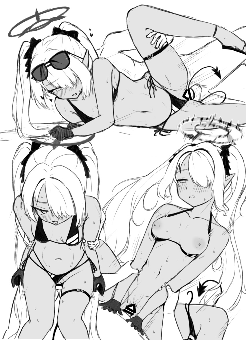 bar_censor bikini bikini_bottom_aside black_bikini blue_archive blush breasts breasts_out censored clothing_aside dark-skinned_female dark_skin demon_tail gloves greyscale hair_over_one_eye halo heart hetero highres iori_(blue_archive) iori_(swimsuit)_(blue_archive) leg_up looking_at_viewer lying mintchoco_(minchothudong) monochrome navel nipples on_side one_eye_covered penis pointy_ears pussy sex sex_from_behind small_breasts spooning standing standing_sex swimsuit tail twintails vaginal