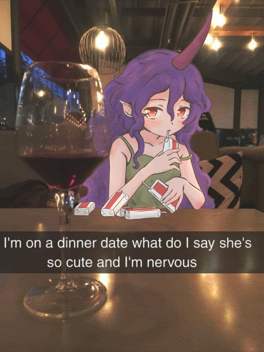 1girl bare_arms bare_shoulders camisole commentary cup dating drink drinking drinking_glass drinking_straw drinking_straw_in_mouth english_commentary english_text green_camisole hair_between_eyes highres holding holding_drink horns i'm_on_a_dinner_date_what_do_i_say_he's_so_cute_(meme) indoors juice_box kokowoch looking_at_viewer meme off_shoulder orange_eyes photo_background pov_across_table pov_dating purple_hair restaurant single_horn solo table tenkajin_chiyari touhou upper_body wavy_hair wine_glass