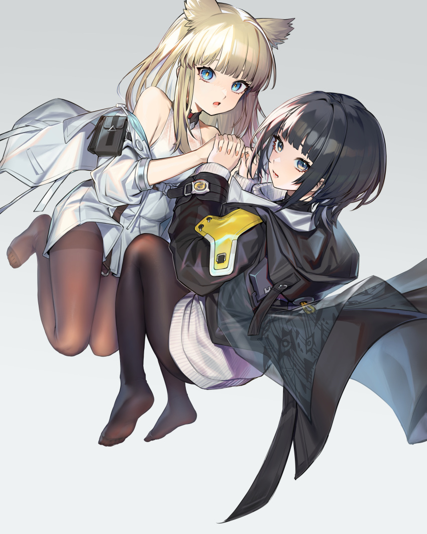 2girls absurdres animal_ears arknights arknights:_endfield belt_pouch black_hair black_pantyhose blonde_hair blue_eyes blunt_bangs dress female_endministrator_(arknights) full_body grey_jacket highres holding_hands hood hooded_coat interlocked_fingers jacket layered_sleeves legs_folded long_hair looking_at_viewer looking_back moyume multiple_girls no_shoes off_shoulder open_clothes open_jacket open_mouth pantyhose perlica_(arknights) pouch ribbed_sweater short_hair sleeveless sleeveless_dress sweater white_dress white_sweater