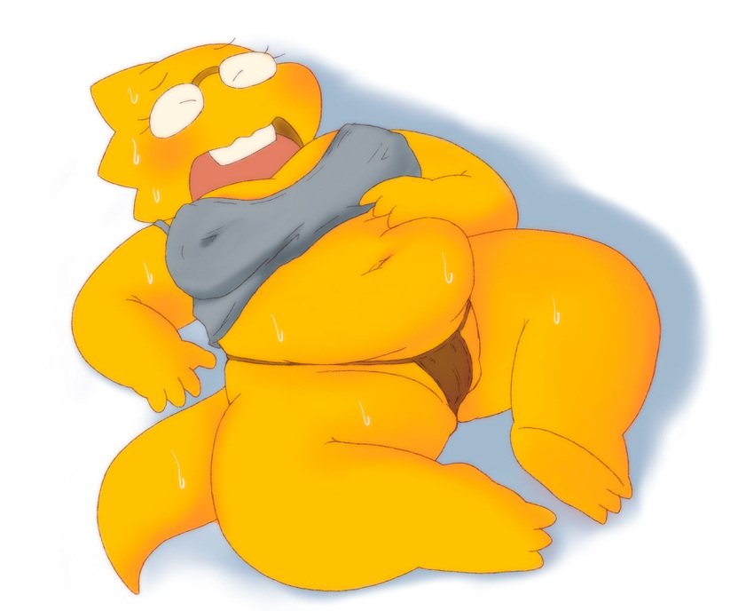 alphys alpi anthro bodily_fluids bra camel_toe clothing dinosaur female heat_(temperature) lizard nipple_outline panties reptile scalie solo spreading sweat undertale_(series) underwear