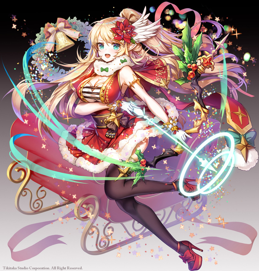 1girl apple_caramel arcana_tactics arrow_(projectile) bare_shoulders bell black_thighhighs blonde_hair bow breasts christmas cleavage commentary copyright_name dress energy flower full_body fur_trim gloves green_bow hair_flower hair_ornament head_wings highres large_breasts long_hair looking_at_viewer official_art photoshop_(medium) ponytail red_dress red_flower red_footwear revision shoes sleigh smile solo thighhighs white_gloves wind_walker_(arcana_tactics)