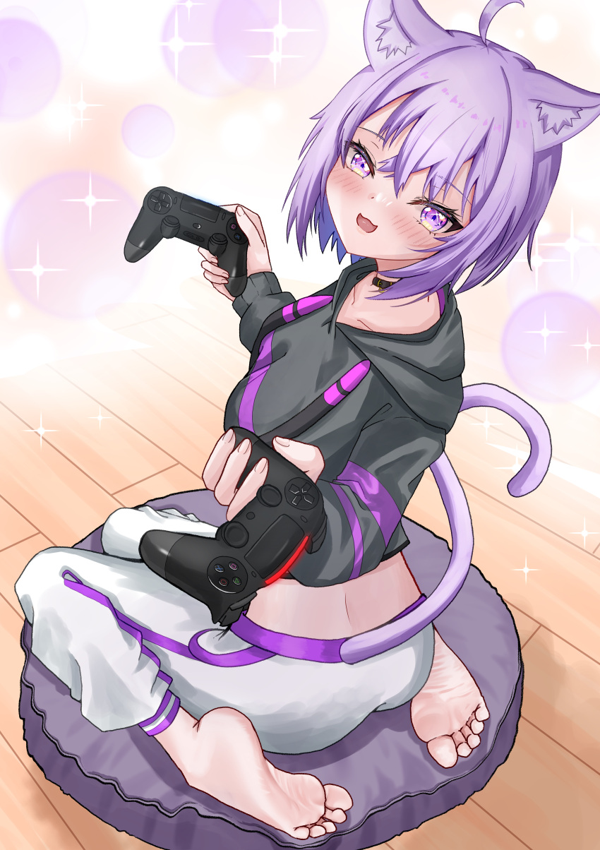 1girl :3 absurdres ahoge animal_collar animal_ear_fluff animal_ears barefoot blush breasts cat_ears cat_girl cat_tail chrochlomyl collar collarbone controller cropped_hoodie crossed_bangs dualshock eyelashes feet foreshortening from_behind full_body game_controller gamepad grey_hoodie hands_up highres holding hololive hood hood_down hoodie long_sleeves looking_at_viewer medium_breasts medium_hair nekomata_okayu nekomata_okayu_(1st_costume) on_pillow open_mouth pants playstation_controller purple_eyes purple_hair sidelocks sitting soles solo sparkle tail toes virtual_youtuber wariza white_pants wooden_floor