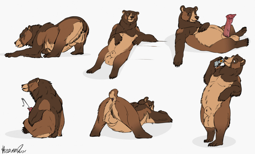 anatomically_correct anatomically_correct_genitalia anatomically_correct_penis animal_genitalia animal_penis anthro anus balls bear big_balls bodily_fluids brown_bear butt cum drinking drinking_beer erection genital_fluids genitals grizzly_bear hair heavensdoor hi_res jack-o'_pose kuruk_(character) lying male mammal mane mane_hair on_back on_four on_front penis pose presenting presenting_hindquarters reclining reclining_pose semi-anthro sheath sitting solo third-party_edit ursine ursine_penis