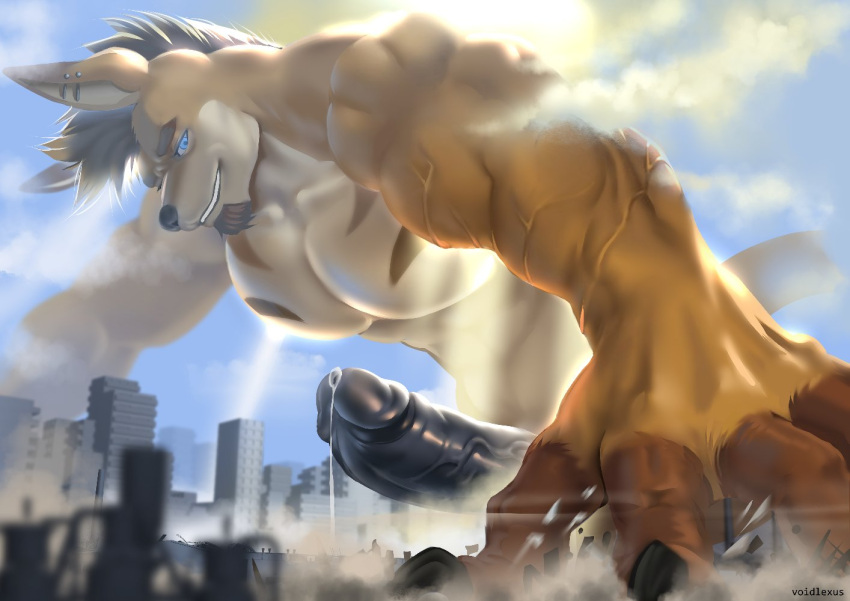 2022 abs anthro artist_name biceps big_muscles black_penis blue_eyes bodily_fluids brown_body brown_fur brown_hair building_destruction city cityscape claws cloud dart_(roonlewd) debris deltoids ear_piercing facial_hair finger_claws fur genital_fluids genitals goatee hair huge_muscles humanoid_genitalia humanoid_penis hyper hyper_muscles kangaroo leaking_precum light light_beam macro macropod male mammal marsupial muscular muscular_anthro muscular_male pecs penis piercing precum sky smoke_cloud solo sun sunbeam sunlight tan_body tan_fur triceps vein veiny_muscles veiny_penis voidlexus