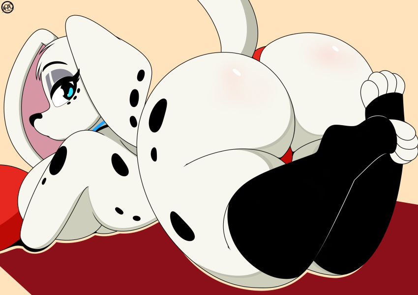 101_dalmatian_street 101_dalmatians 2023 4_toes absurd_res anthro big_breasts big_butt black_nose blue_eyes breasts butt canid canine canis dalmatian digital_media_(artwork) disney dolly_(101_dalmatians) domestic_dog eyelashes feet female hi_res looking_at_viewer looking_back looking_back_at_viewer mammal nr_ac solo spots tail toes