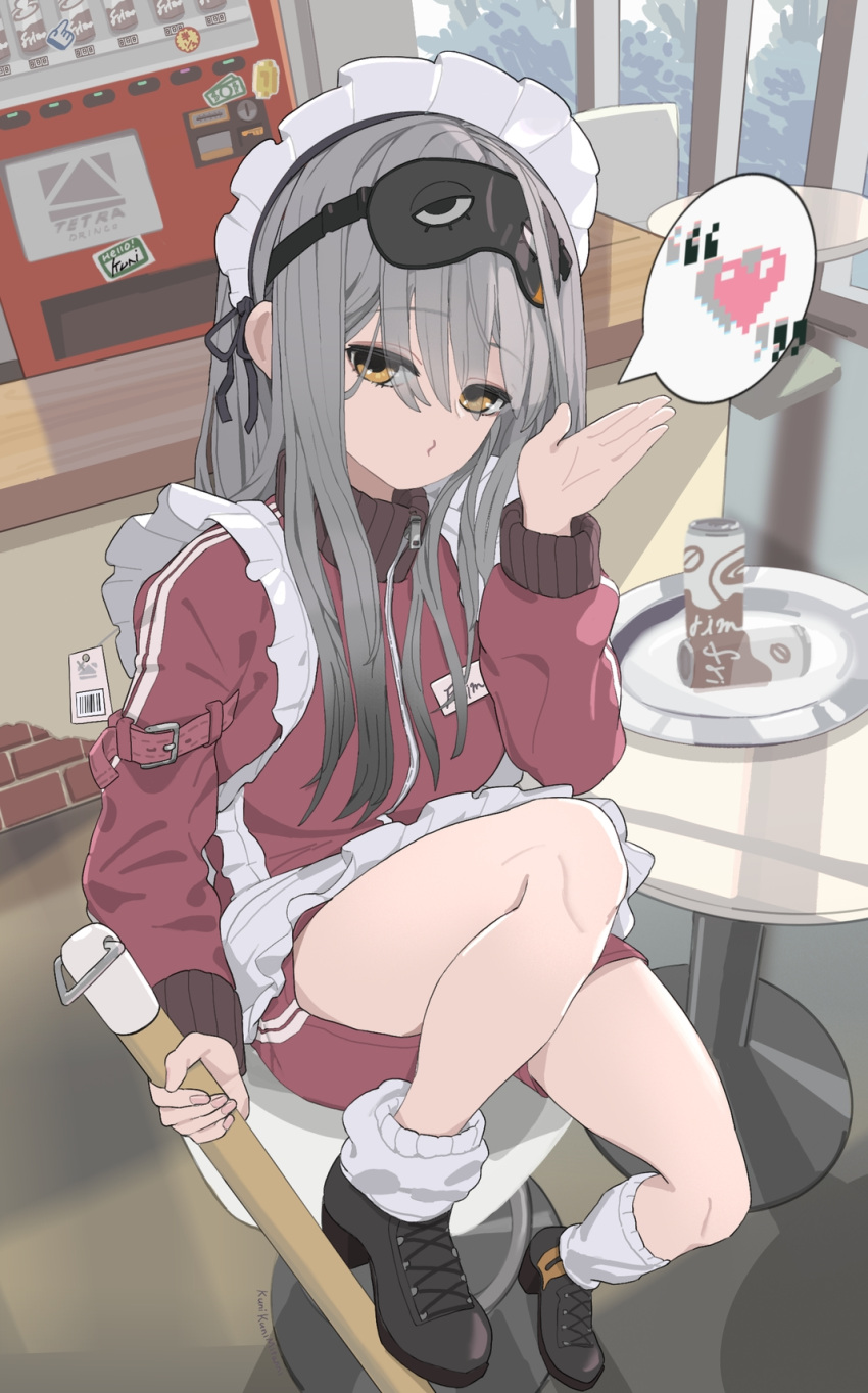 1girl :3 ankle_boots apron artist_name blowing_kiss boots cafe cleaning_brush coffee frima_(nikke) full_body goddess_of_victory:_nikke grey_hair hair_between_eyes heart highres holding indoors jacket kunikuni_(kunihiro2005) label long_hair long_sleeves looking_at_viewer loose_socks maid maid_apron maid_headdress mask mask_on_head off_shoulder puffy_long_sleeves puffy_sleeves red_jacket red_shorts short_shorts shorts sleep_mask socks solo sticker track_jacket track_suit vending_machine very_long_hair