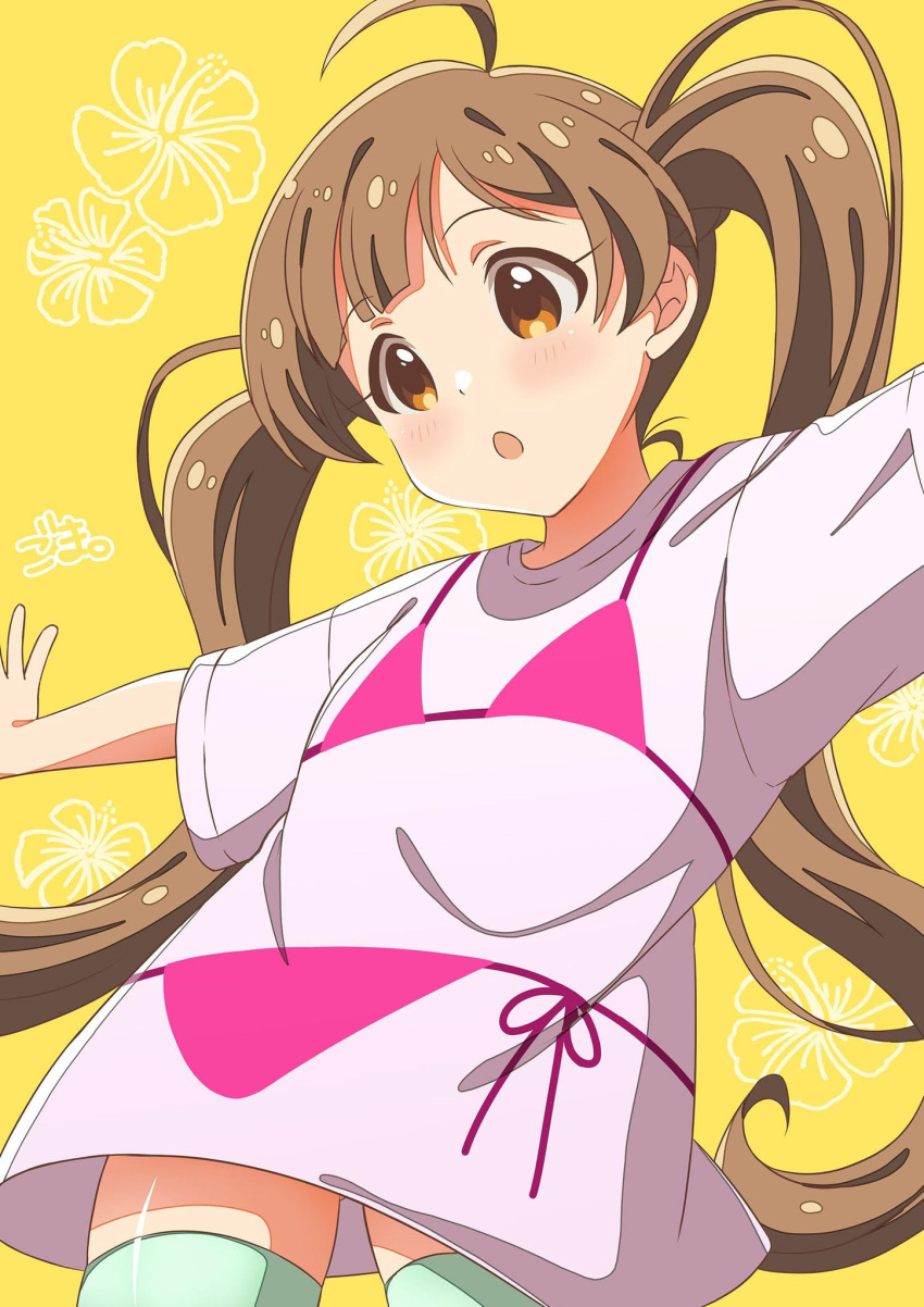 1girl ahoge bikini_print blush breasts brown_eyes brown_hair cowboy_shot dot_nose floral_background flower goma_konbu green_thighhighs hakozaki_serika hibiscus highres idolmaster idolmaster_million_live! idolmaster_million_live!_theater_days long_hair looking_at_another looking_down open_hand open_mouth outstretched_arms print_shirt shirt short_sleeves signature small_breasts solo standing thighhighs twintails very_long_hair white_shirt yellow_background