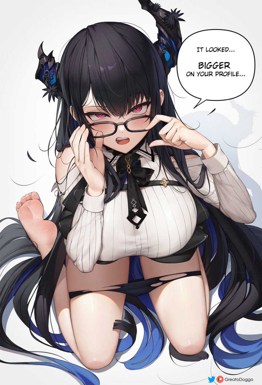 1girl annoyed ascot asymmetrical_horns barefoot black_ascot black_hair blue_hair breasts demon_horns disappointed english_text from_above glasses greatodoggo highres hololive hololive_english horns large_breasts long_hair long_sleeves looking_at_viewer mole mole_under_eye multicolored_hair nerissa_ravencroft open_mouth panties panty_pull red_eyes scowl shirt sitting small_penis_humiliation solo speech_bubble teeth thighs toes torn_clothes torn_panties two-tone_hair underwear very_long_hair virtual_youtuber wariza white_shirt