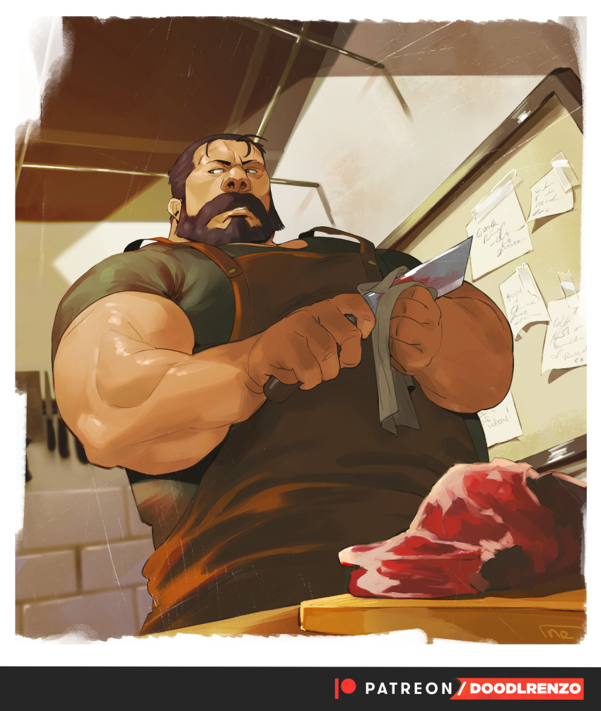 1boy absurdres apron bara beard big_nose brown_apron butcher character_request facial_hair foreshortening from_below fullmetal_alchemist green_shirt highres holding holding_knife kitchen_knife knife large_pectorals male_focus mature_male muscular muscular_male mustache old old_man pectorals raw_meat ross_(doodlrenzo) shirt short_hair solo upper_body