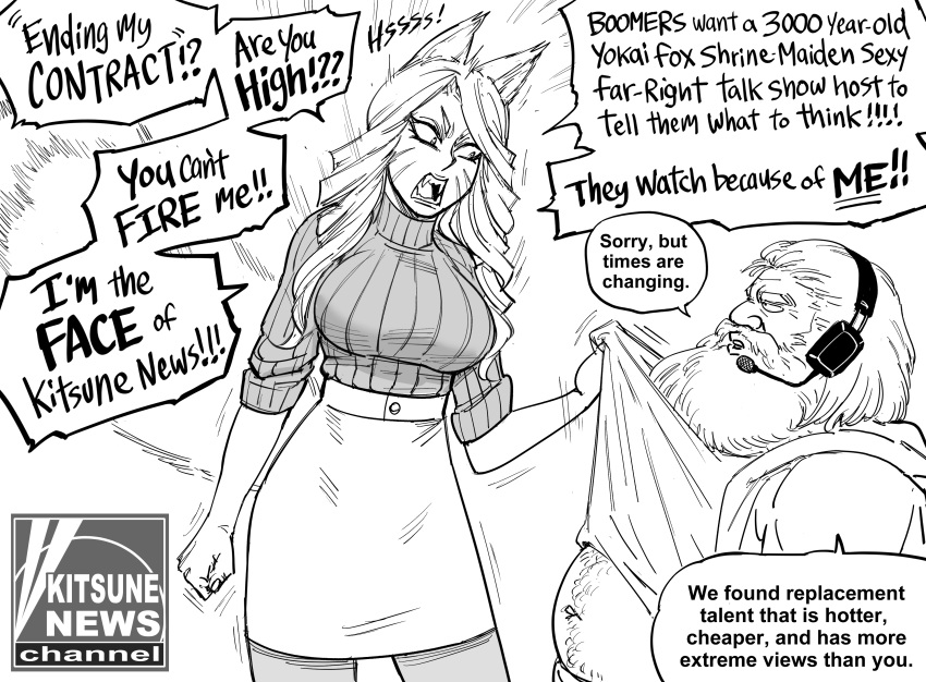 1boy 1girl absurdres angry animal_ears bb_(baalbuddy) beard breasts chest_hair clenched_hand dwarf english_text facial_hair fat fox_ears fox_girl fox_news headphones highres large_breasts long_hair navel original politics sharp_teeth shirt_grab stomach teeth