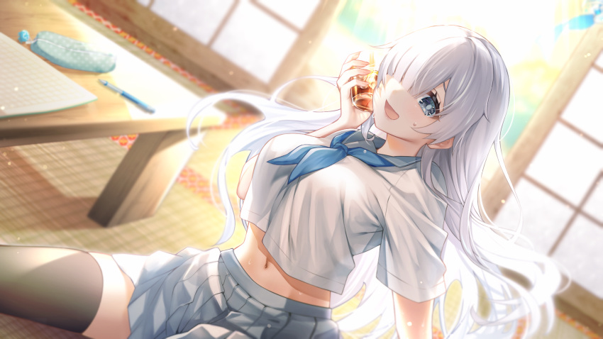 1girl :d amatsuji arm_support black_hair blue_skirt blurry blurry_background breasts commentary_request cup dutch_angle grey_eyes grey_hair hair_over_one_eye highres holding holding_cup ice ice_cube indoors looking_at_viewer mechanical_pencil medium_breasts midriff_peek navel notebook open_mouth original pencil pencil_case pleated_skirt school_uniform serafuku shirt short_sleeves shouji sitting skirt sliding_doors smile solo table tatami thighhighs uniform white_serafuku white_shirt