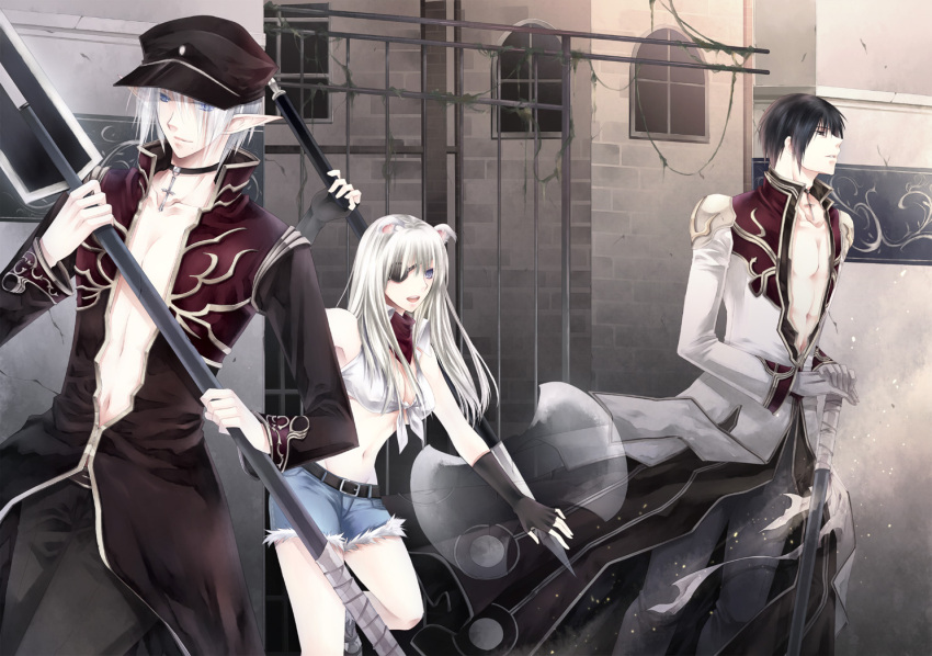 1girl 2boys abs animal_ears bandana black_coat black_eyes black_gloves black_hair blacksmith_(ragnarok_online) blue_eyes blue_shorts breasts brown_headwear brown_pants choker cleavage closed_mouth coat commentary_request crop_top cross cross_choker dog_ears eyepatch feet_out_of_frame fence fingerless_gloves floppy_ears fur-trimmed_shorts fur_trim gloves grey_pants hair_between_eyes hat high_priest_(ragnarok_online) holding holding_weapon long_bangs long_hair long_sleeves looking_at_viewer mace medium_breasts midriff military_hat multiple_boys navel open_clothes open_coat open_mouth pants pointy_ears priest_(ragnarok_online) ragnarok_online red_bandana red_coat shirt short_hair short_shorts shorts sleeveless sleeveless_shirt smile takamura_ryou textless_version tied_shirt two-tone_coat weapon white_coat white_gloves white_hair white_shirt