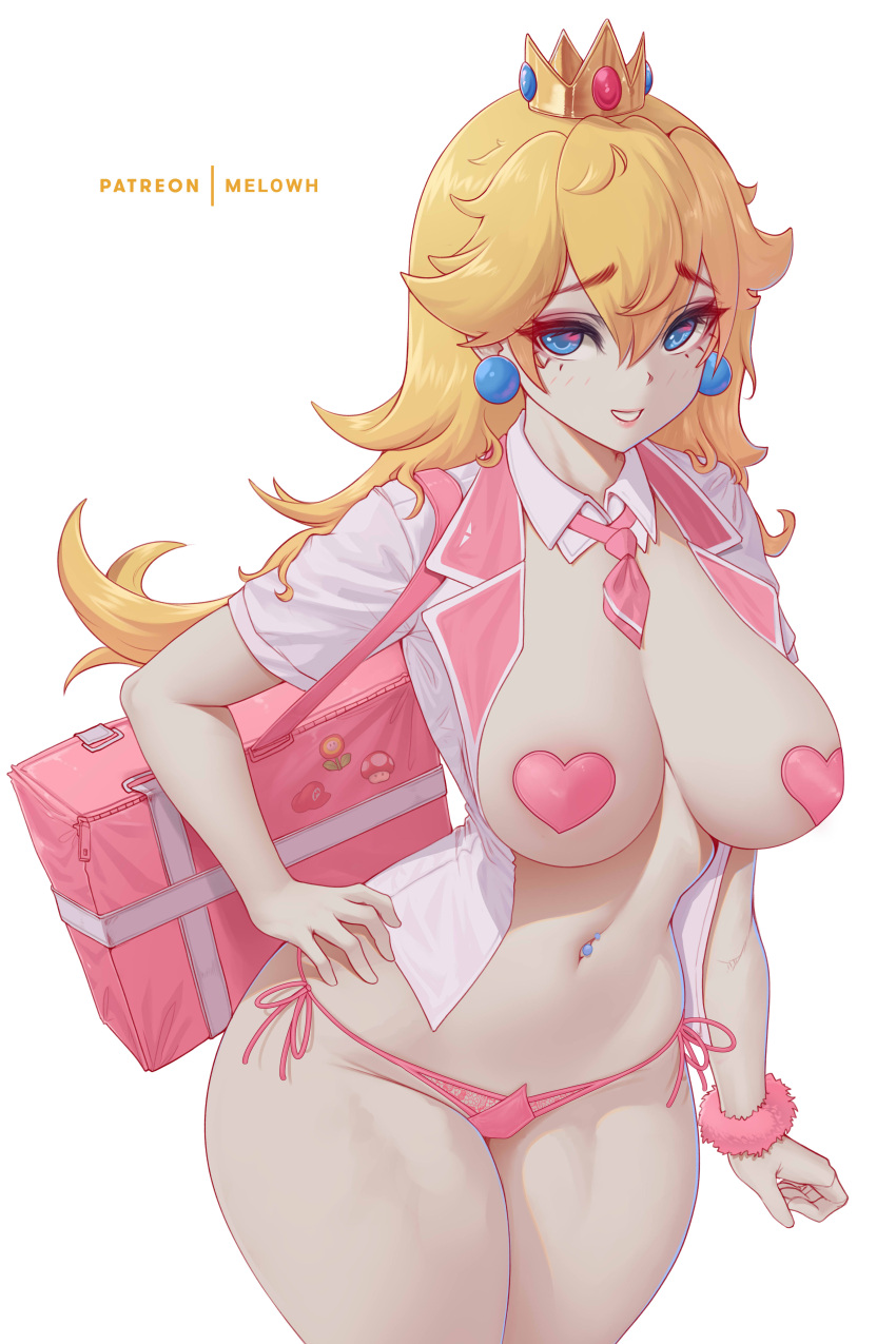 &lt;3 2023 absurd_res accessory animal_humanoid backpack big_butt blonde_hair blue_earrings blue_eyes blush blush_lines breasts butt cat_humanoid clothed clothing crown digital_drawing_(artwork) digital_media_(artwork) ear_accessory english_text exposed_breasts eyebrow_through_hair eyebrows eyelashes felid felid_humanoid feline feline_humanoid felis female feral front_view glistening glistening_eyes hair hand_on_hip handwear head_tuft headgear hi_res humanoid jewelry long_hair looking_at_viewer male mammal mammal_humanoid mario_bros melowh navel navel_piercing necktie nintendo panties partially_clothed pasties patreon patreon_username piercing pink_clothing pink_panties pink_underwear pose princess_peach school_uniform scrunchie shaded shirt signature simple_background smile smiling_at_viewer solo tail text thick_thighs topwear translucent translucent_hair tuft underwear uniform white_background white_body white_clothing white_shirt white_topwear wide_hips