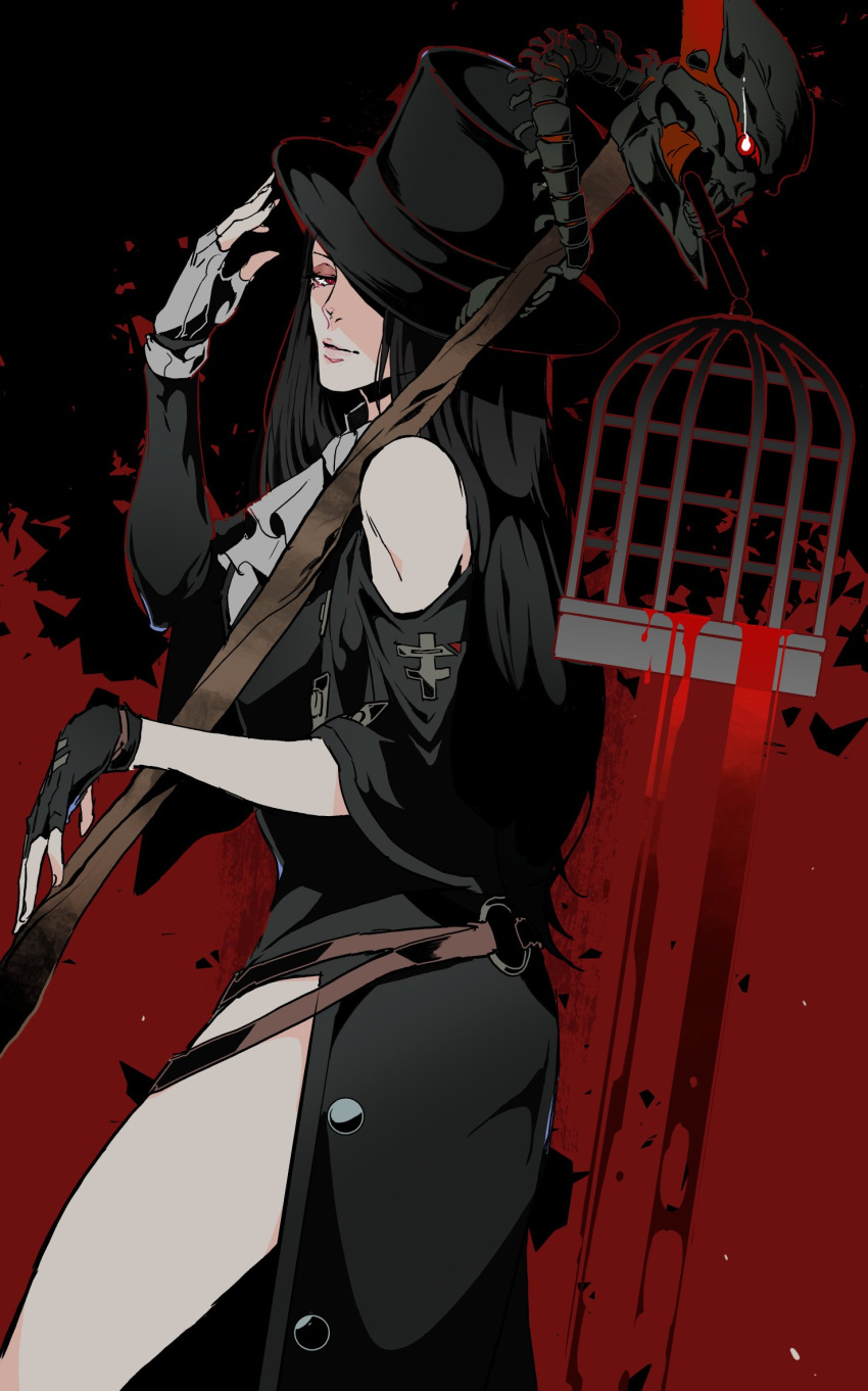 1other androgynous ascot asymmetrical_gloves asymmetrical_sleeves bare_shoulders birdcage black_hair black_headwear black_nails blood cage collar don_ten_usagi fingerless_gloves gloves guilty_gear guilty_gear_strive hat hat_ornament highres holding holding_cage holding_scythe long_hair long_sleeves looking_at_viewer nail_polish other_focus red_eyes scythe skull skull_hat_ornament smile studded_collar testament_(guilty_gear) top_hat white_ascot white_gloves
