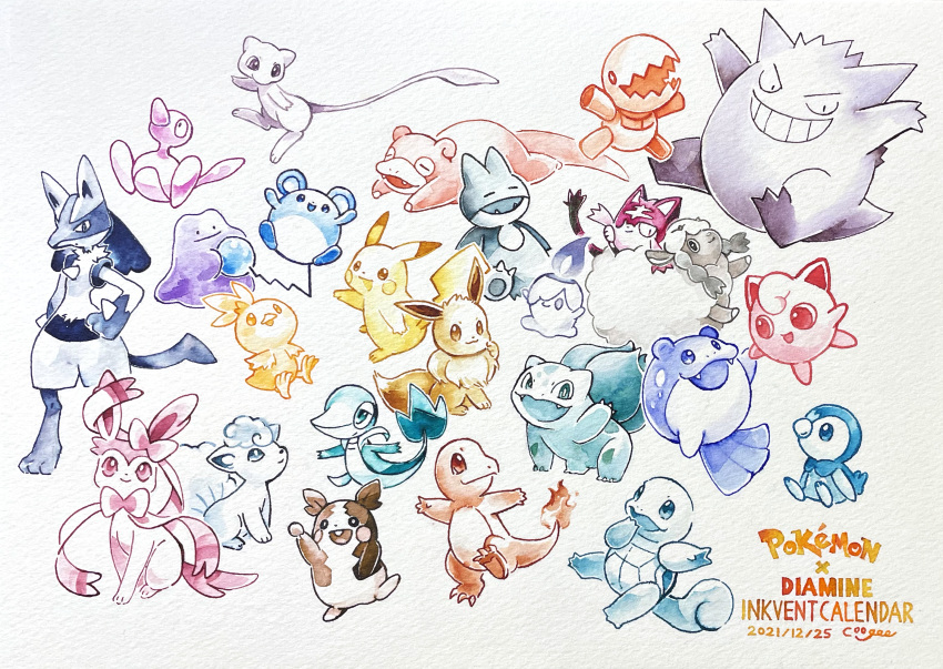 alolan_vulpix animal_focus bulbasaur charmander closed_mouth coogee copyright_name dated ditto eevee fangs flame-tipped_tail gengar grin hand_on_own_hip highres holding holding_hands ink_(medium) jigglypuff litten litwick lucario marill mew_(pokemon) morpeko munchlax no_humans open_mouth pikachu piplup pokemon porygon2 signature sitting slowpoke smile snivy spheal squirtle sylveon torchic traditional_media trapinch wooloo