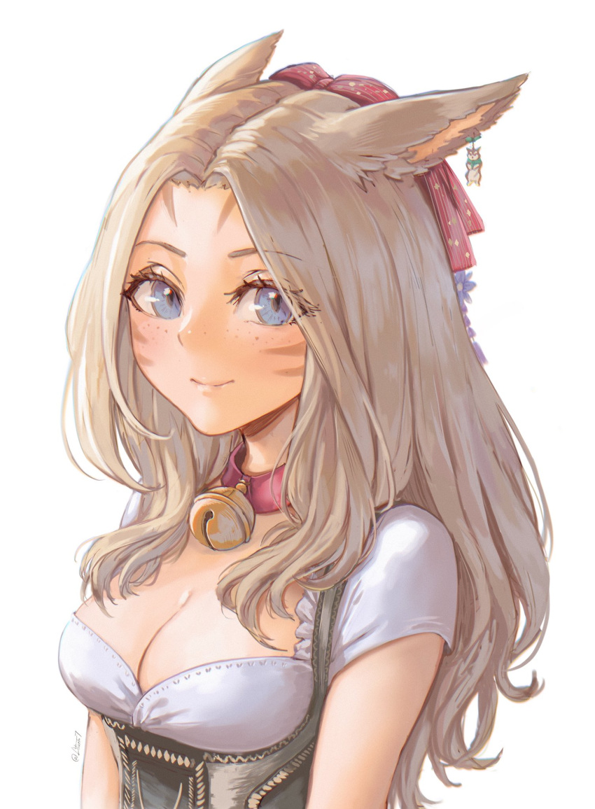 1girl animal_ears atiarta7 bell blue_eyes breasts cat_ears cat_girl collar commission facial_mark final_fantasy final_fantasy_xiv highres light_brown_hair long_hair medium_breasts miqo'te neck_bell second-party_source shirt short_sleeves smile warrior_of_light_(ff14) whisker_markings white_shirt