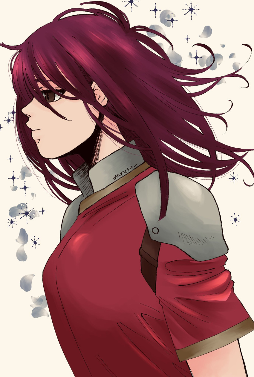 1girl arc_the_lad arc_the_lad_iii armor breasts brown_eyes cheryl_(arc_the_lad) closed_mouth highres long_hair marusa_(marugorikun) red_hair short_sleeves shoulder_armor smile solo white_background