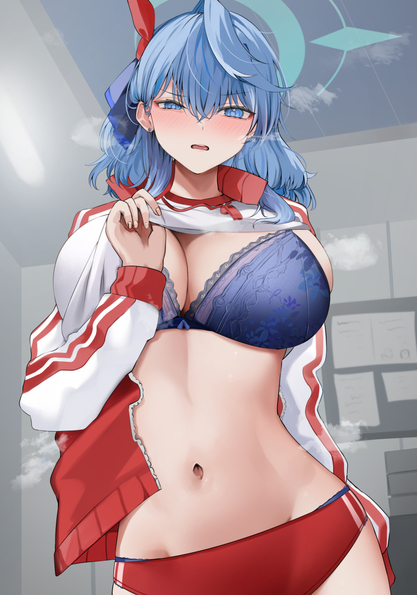 1girl absurdres ako_(blue_archive) blue_archive blue_bra blue_eyes blue_hair blue_panties bra breasts buruma cleavage clothes_lift commentary_request gym_shirt gym_uniform hair_between_eyes hairband halo highres indoors large_breasts lifted_by_self long_hair long_sleeves looking_at_viewer navel official_alternate_costume panties red_buruma san_(harutuki_3) shirt shirt_lift sidelocks solo stomach underwear undressing