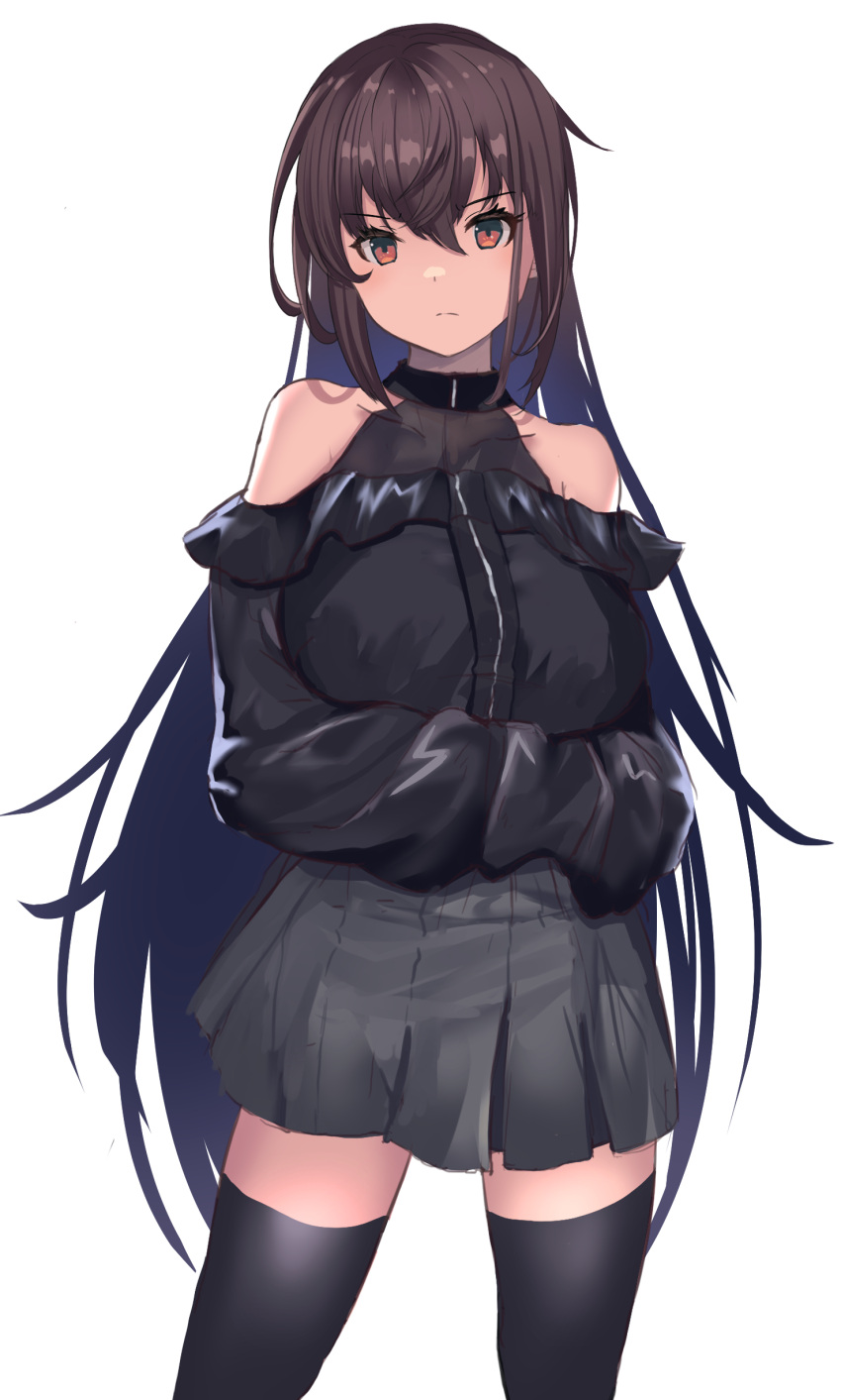 1girl absurdres alternate_costume bare_shoulders black_hair black_sweater black_thighhighs brown_eyes closed_mouth grey_skirt hair_between_eyes halterneck highres kantai_collection light_frown looking_at_viewer nagato_(kancolle) o-sirius off-shoulder_sweater off_shoulder skirt sleeves_past_fingers sleeves_past_wrists solo sweater thighhighs white_background zettai_ryouiki