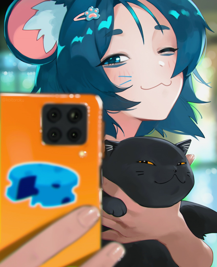 1girl :3 =_= animal animal_ears black_cat blue_eyes blue_hair blurry blurry_background cat cellphone colored_sclera depth_of_field hair_ornament hairclip head_back highres holding holding_animal holding_cat holding_phone koitoroku looking_at_viewer medium_hair mouse_ears mouse_girl one_eye_closed orange_sclera original paw_hair_ornament phone selfie smartphone smug solo sticker upper_body